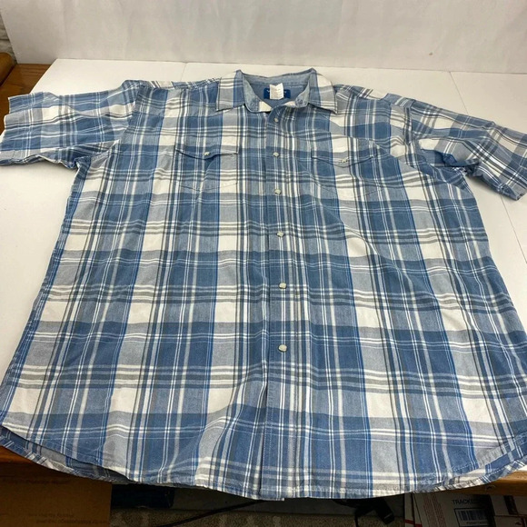 Wrangler Mens 2X Blue White Plaid Denim Pearl Snap Button Down Short Sleeve - Picture 1 of 6
